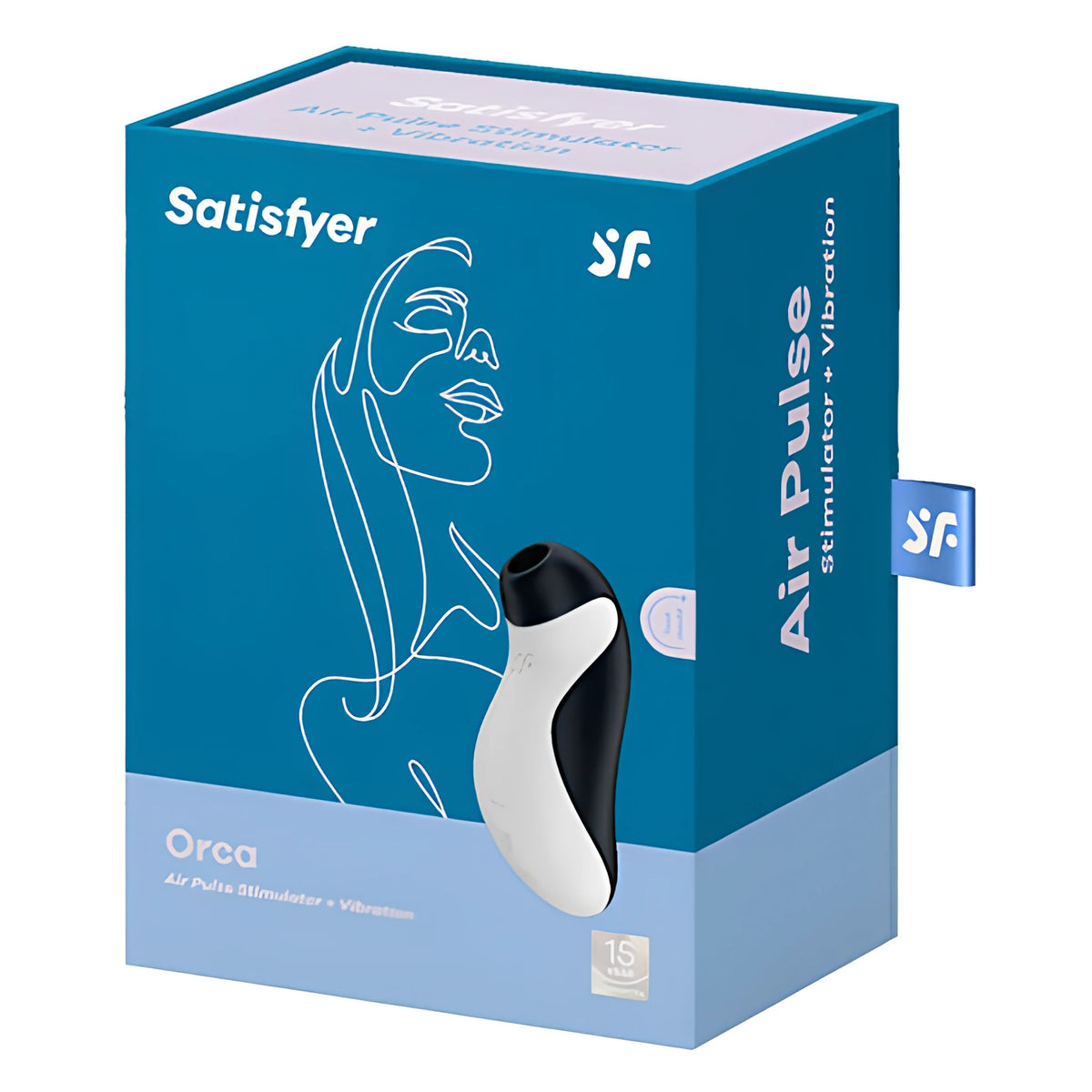 Синя кутия на Satisfyer Orca с линеен портрет на жена; върху нея е черно-бялото устройство, надпис Air Pulse Stimulator + Vibration