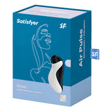 Синя кутия на Satisfyer Orca с линеен портрет на жена; върху нея е черно-бялото устройство, надпис Air Pulse Stimulator + Vibration
