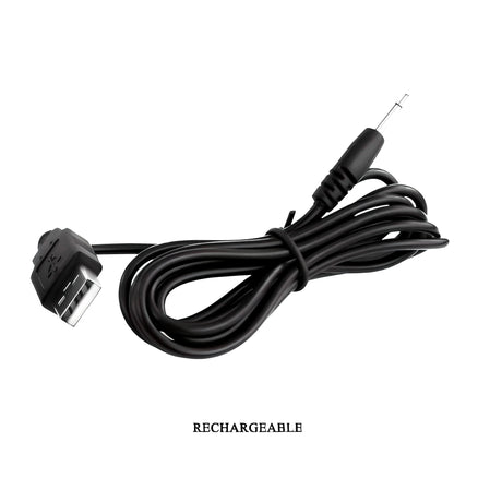 Черен USB кабел за зареждане на Клитор стимулатор Otis на Pretty Love, навит и прихванат, с надпис „Rechargeable“
