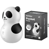 Satisfyer Pocket Panda в бяло и черно с форма на панда, до тъмносива кутия с надпис Pocket Panda и Air Pulse Vibrator