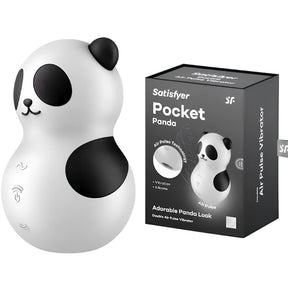 Satisfyer Pocket Panda в бяло и черно с форма на панда, до тъмносива кутия с надпис Pocket Panda и Air Pulse Vibrator