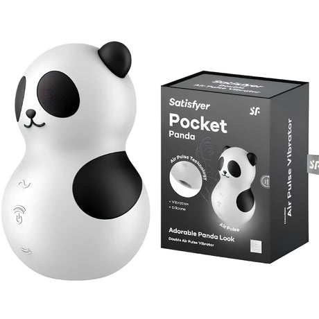 Satisfyer Pocket Panda в бяло и черно с форма на панда, до тъмносива кутия с надпис Pocket Panda и Air Pulse Vibrator