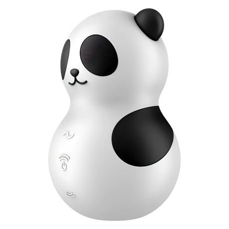 Satisfyer Pocket Panda – бяло устройство във форма на панда с черни уши и петна, отстрани с три сензорни бутона за управление