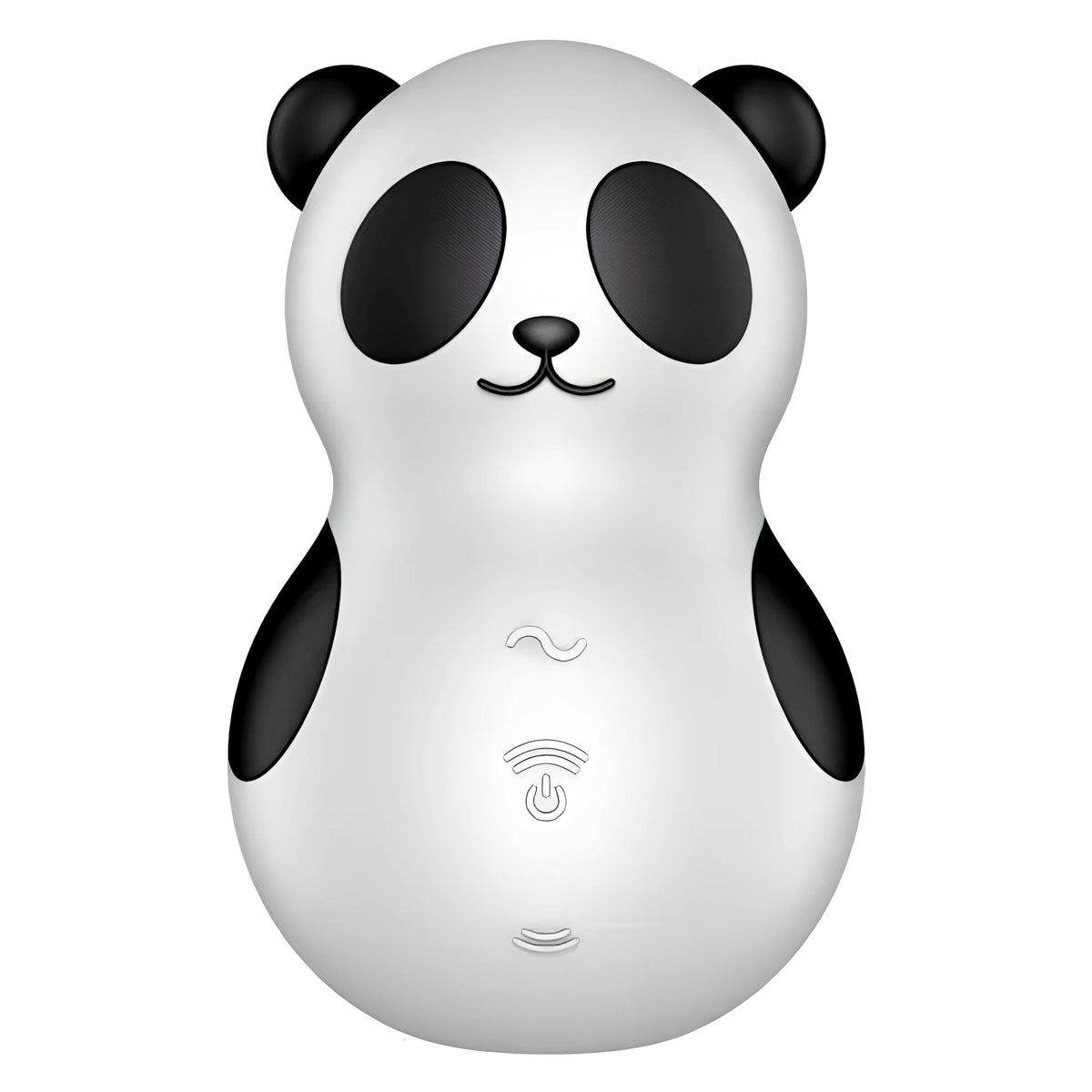 Satisfyer Pocket Panda отпред: бяло тяло във форма на панда с черни уши и очи и сензорни бутони за управление на корема