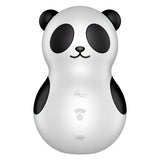 Satisfyer Pocket Panda отпред: бяло тяло във форма на панда с черни уши и очи и сензорни бутони за управление на корема