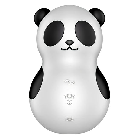 Satisfyer Pocket Panda отпред: бяло тяло във форма на панда с черни уши и очи и сензорни бутони за управление на корема