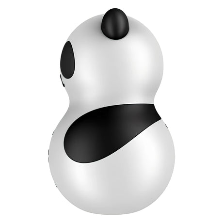 Satisfyer Pocket Panda в бяло и черно, изглед отстрани със заоблено тяло, черно ухо и черно петно на гърба