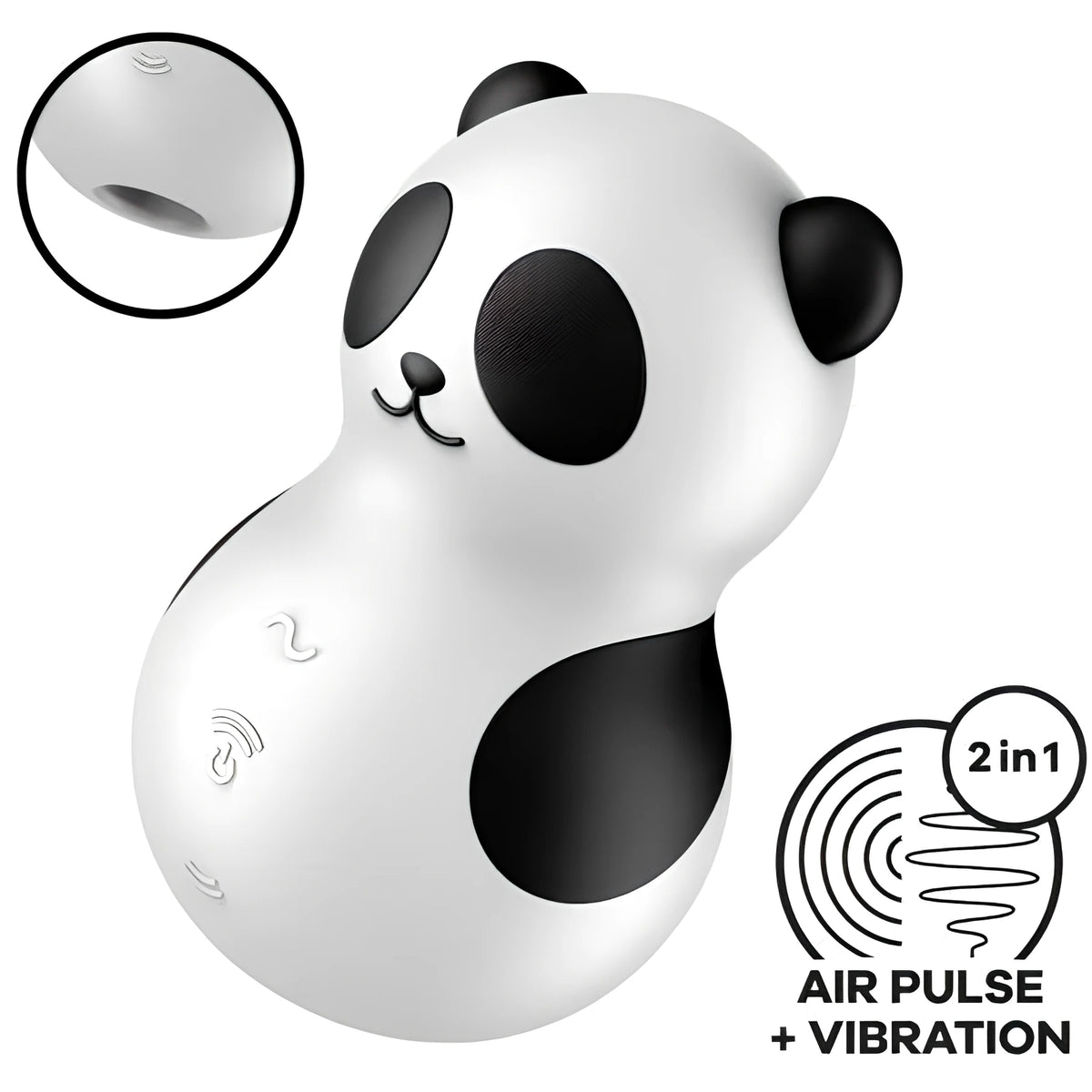 Satisfyer Pocket Panda във форма на панда с бутони отпред, лупа с отвор за въздушни импулси и надпис 2 in 1 Air Pulse + Vibration