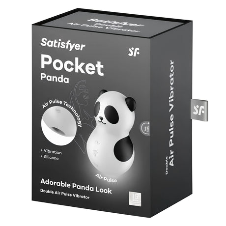 Тъмносива кутия на Satisfyer Pocket Panda с фигурка на панда, надпис Air Pulse Technology и Double Air Pulse Vibrator