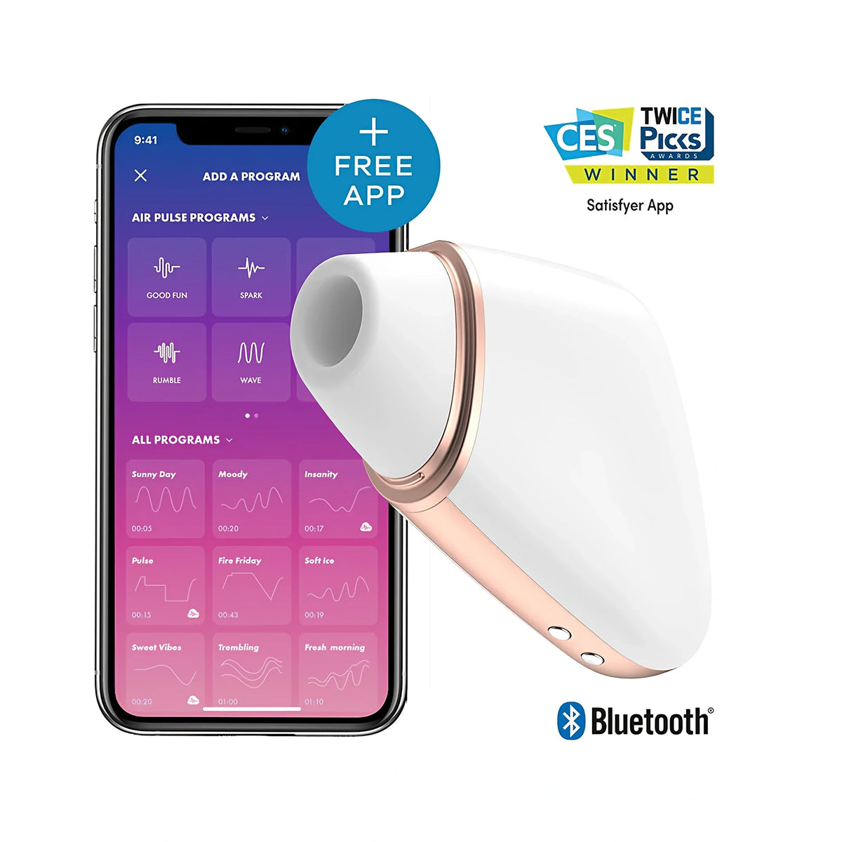 Satisfyer Love Triangle в бяло с розовозлатисто кант до смартфон с приложението Satisfyer, Bluetooth лого и награда CES TWICE Picks