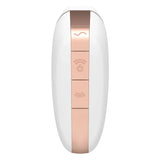 Satisfyer Love Triangle White – изглед отгоре към бялото тяло с розовозлатиста лента с четири бутона и символи за управление