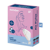 Розово-синя кутия на Satisfyer Love Triangle White с бял стимулатор, линеен портрет, Bluetooth, безплатно приложение и 15 години гаранция