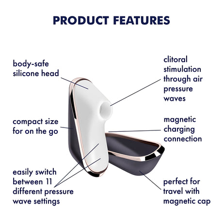 Satisfyer Pro Traveler с отворена магнитна капачка и надписи за предимствата: силиконова глава, компактен размер, 11 настройки и магнитно зареждане
