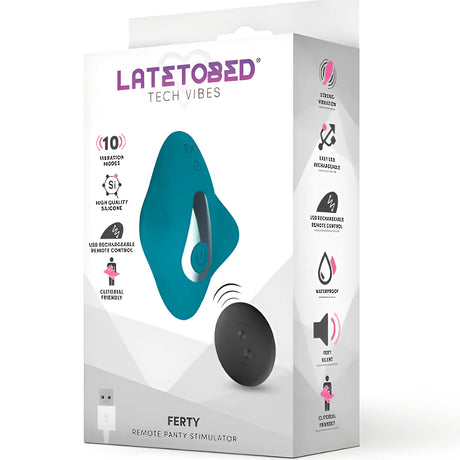 Кутия на LateToBed Tech Vibes Ferty с тюркоазен стимулатор за бельо, черно дистанционно и икони за 10 режима и силикон