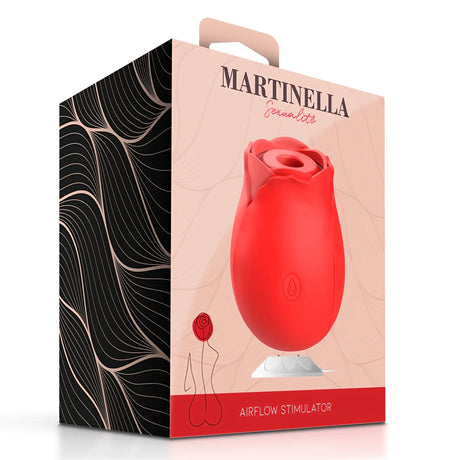 Кутия на Martinella Airflow Stimulator с червено устройство във формата на роза на лицевата страна и черен вълнообразен десен на страната
