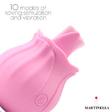 Розов стимулатор Martinella Licking Tongue с форма на роза, близък план на езичето в движение и текст за 10 режима на близане и вибрация