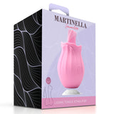 Кутия на Martinella Licking Tongue Stimulator в лилаво и черно с шарка на вълни, с розов уред във формата на роза на лицевата страна