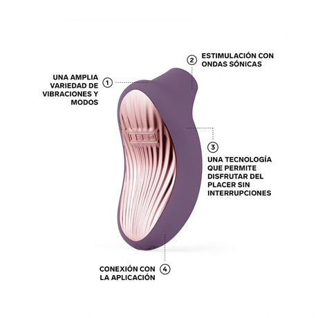 LELO SONA 3 Cruise Plum в лилаво с розовозлатиста ребрена повърхност, инфографика с четири numbered функции на испански