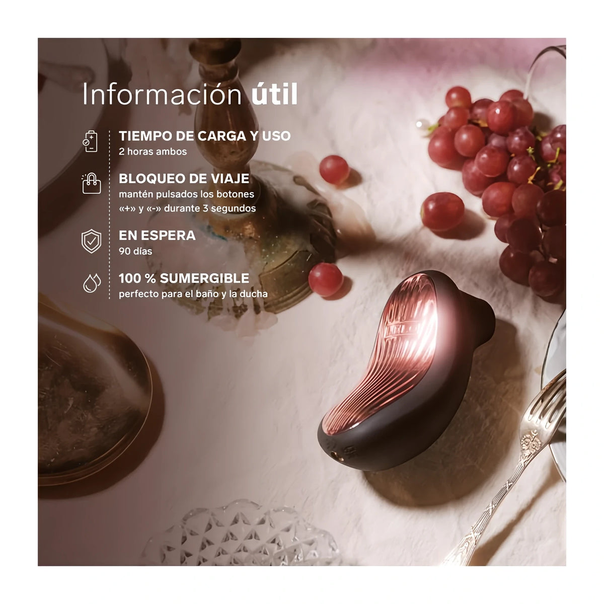 LELO SONA 3 Cruise Plum в сливов цвят на покрита с дантела маса сред гроздe; инфографика с времето за зареждане, заключване и водоустойчивост