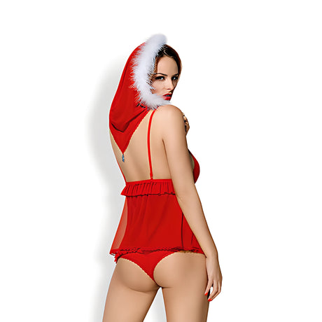 Коледен костюм Obsessive отзад: червено прозрачно бебидол с къдрички и качулка с бял пух, носено от модел, с бикини в същия цвят