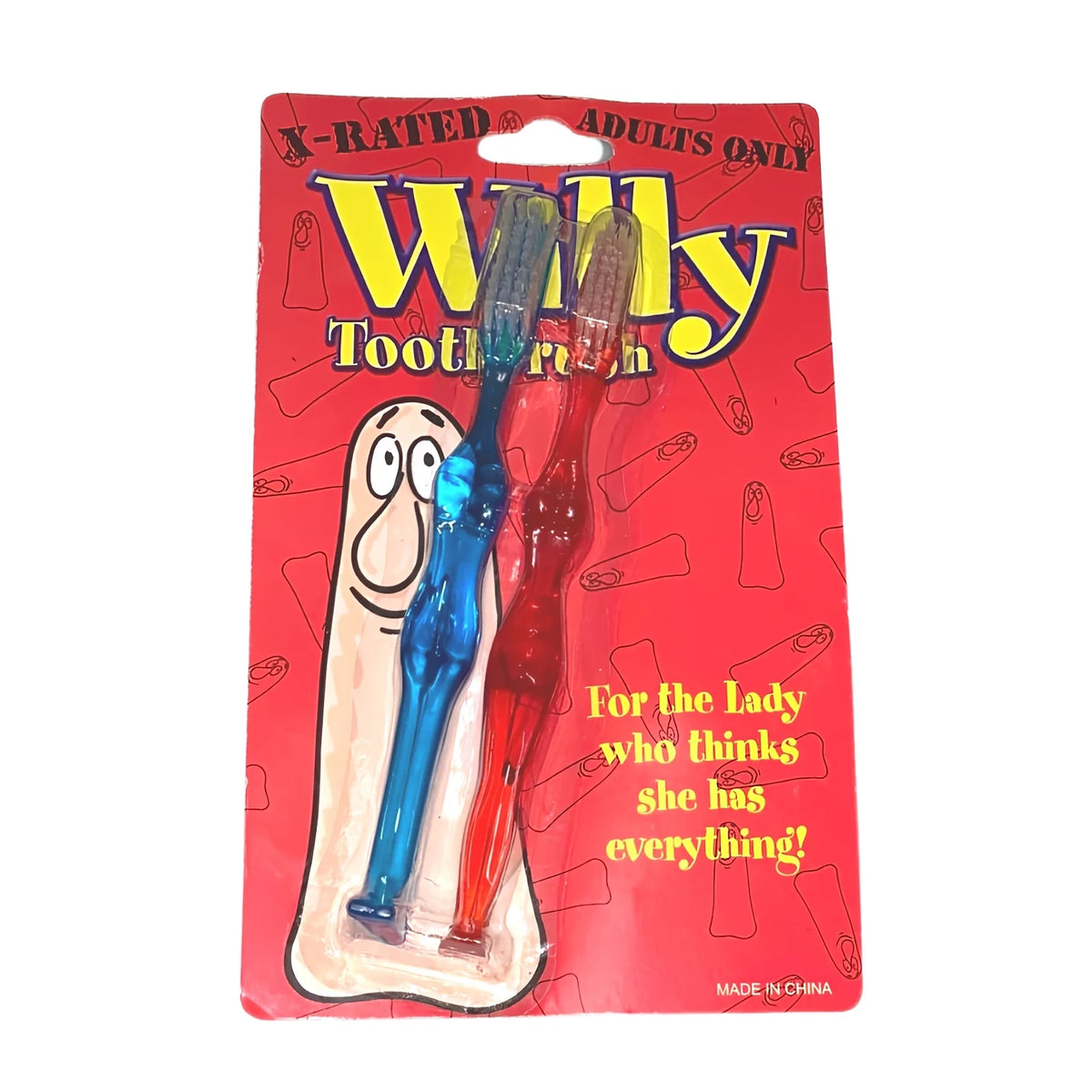 Комплект четки за зъби STD в червена картонена опаковка с надпис Willy Toothbrush – синя и червена прозрачна четка, X-Rated, Adults Only