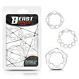 Опаковка Beast Rings на IntoYou с три прозрачни пръстена с топчета, а до нея трите пръстена в различни размери