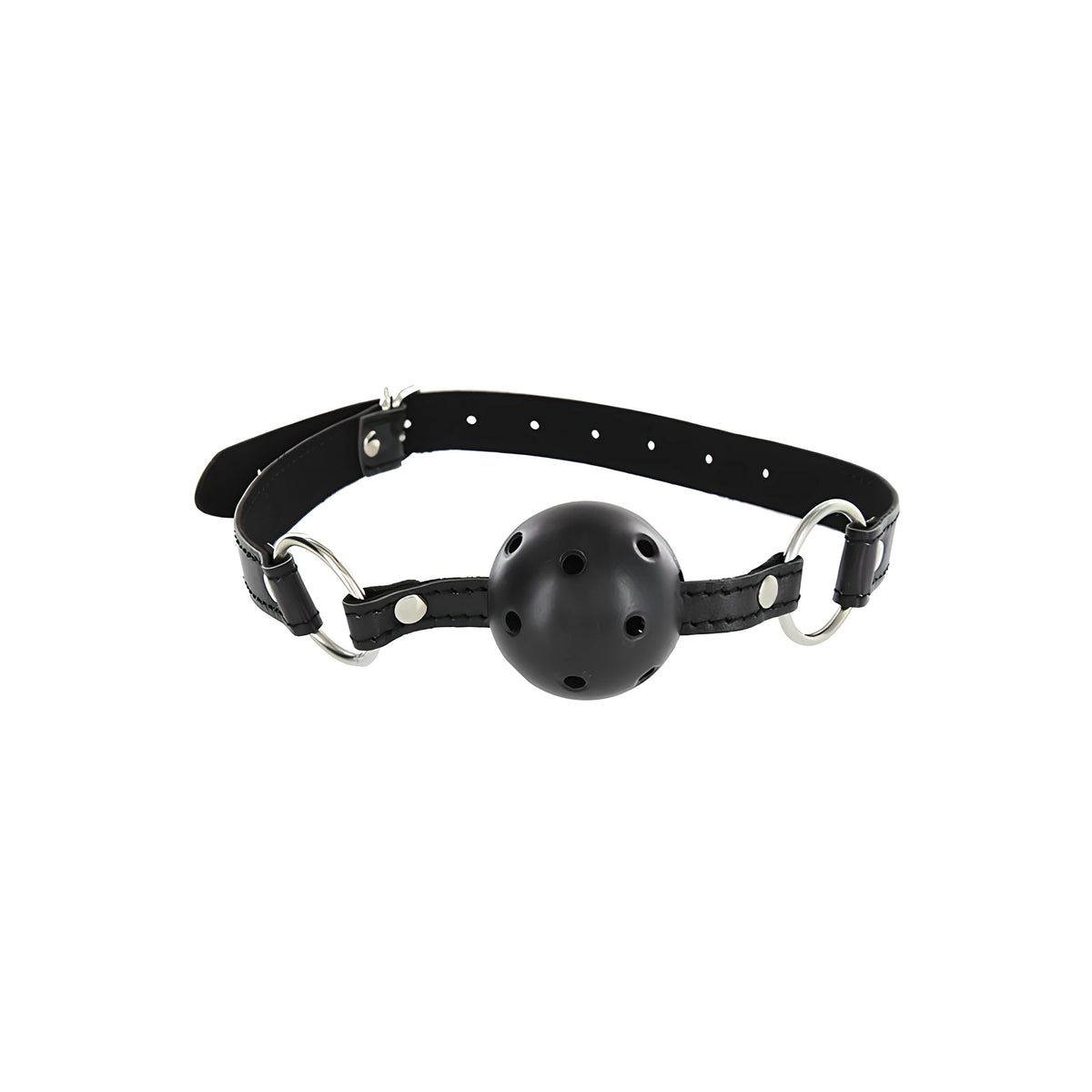 Черна кожена топка за уста с перфорации и метални халки от комплект Amazing Bondage на ToyJoy, предна гледка на бял фон