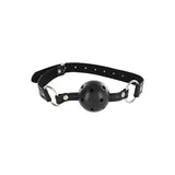 Черна кожена топка за уста с перфорации и метални халки от комплект Amazing Bondage на ToyJoy, предна гледка на бял фон