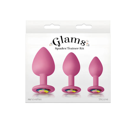 Опаковка на комплект Glams Spades Trainer Kit на NS Novelties с три розови силиконови разширителя с цветни кристали в основата
