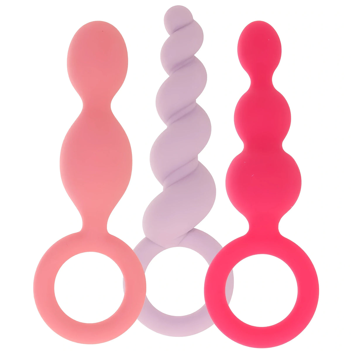 Комплект Satisfyer от три силиконови аксесоара с пръстен за хващане – розов гладък, лилав спираловиден и червен с топчета