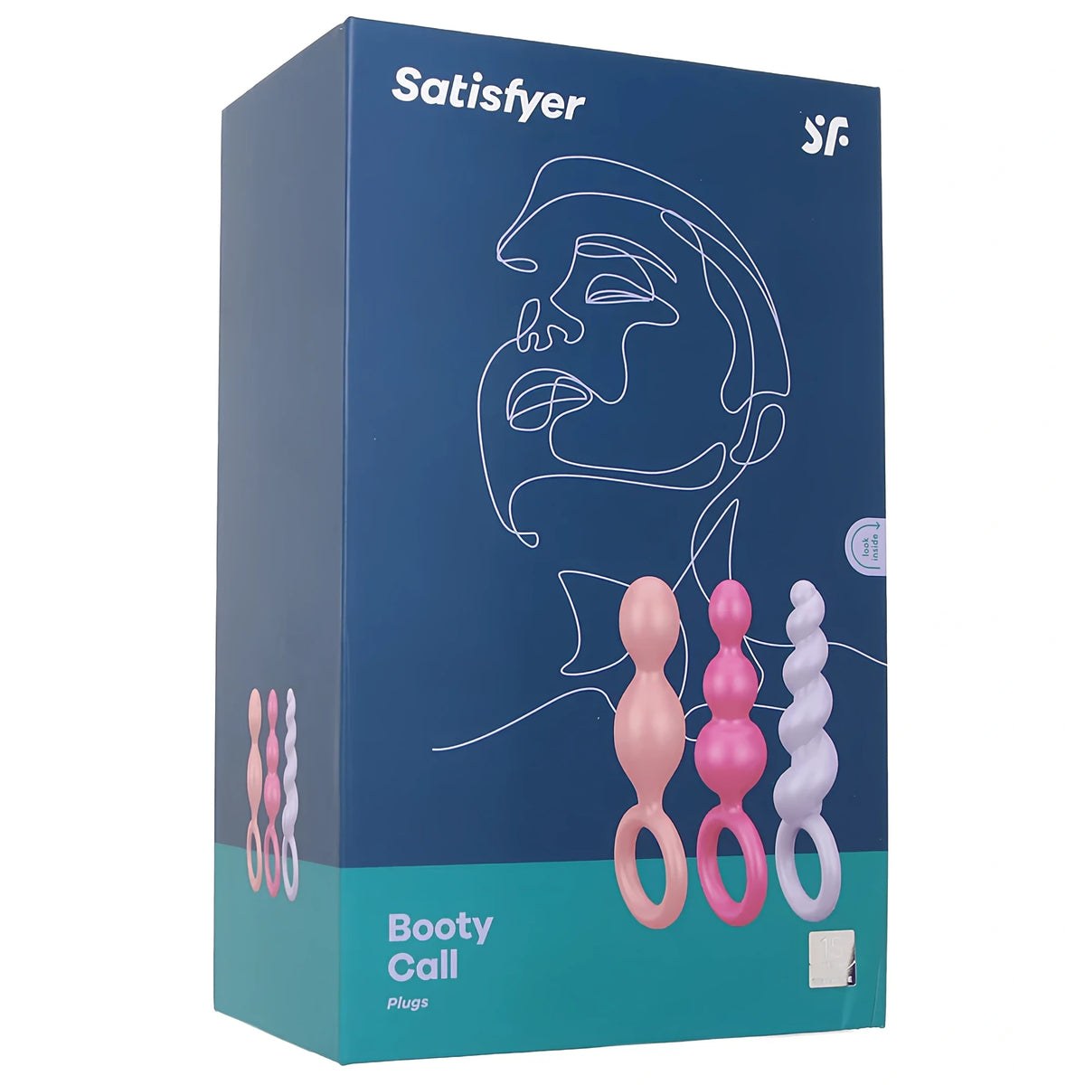 Тъмносиня кутия на комплект Satisfyer Booty Call Plugs, видяна под ъгъл, с три цветни силиконови разширителя и линеен рисунък