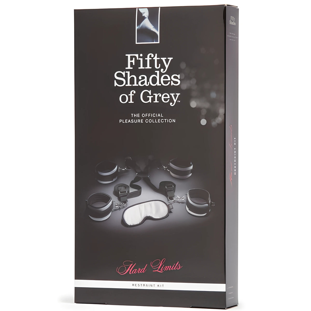 Тъмна кутия на комплект Fifty Shades of Grey Hard Limits Restraint Kit с четири черни маншета и сива маска за очи на лицевата страна