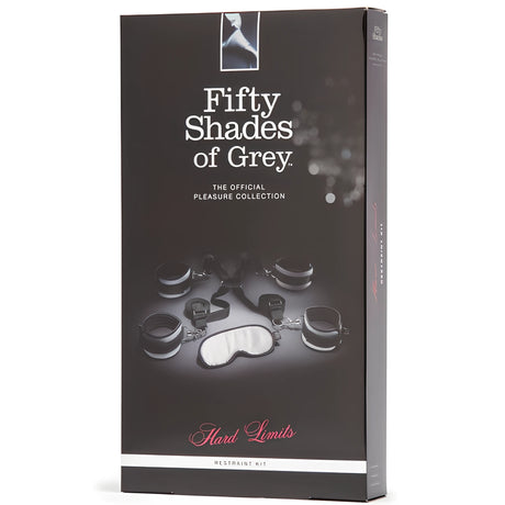 Тъмна кутия на комплект Fifty Shades of Grey Hard Limits Restraint Kit с четири черни маншета и сива маска за очи на лицевата страна
