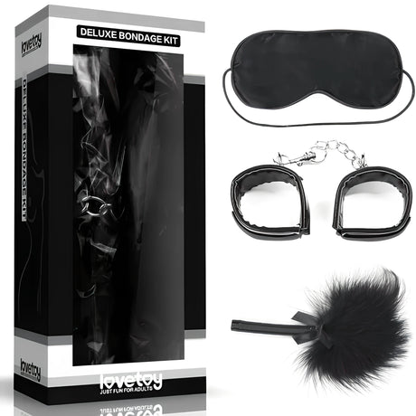 Комплект Deluxe Bondage Kit Black на Lovetoy: черна кутия с прозорец и до нея превръзка за очи, белезници и пух