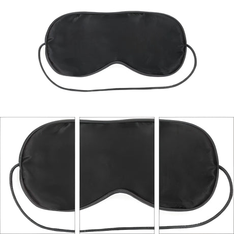 Черна сатенена превръзка за очи с тънък ластик от комплект Deluxe Bondage Kit на Lovetoy, показана отгоре и в три увеличени части