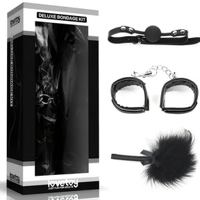 Комплект Deluxe Bondage Kit Black III на Lovetoy: черна кутия и до нея топка с каишка, white белезници с верига и пухкава перушина