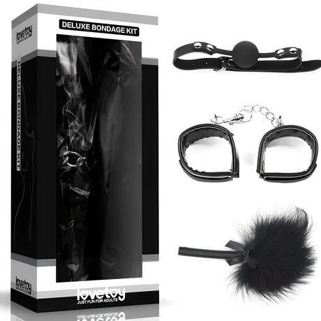 Комплект Deluxe Bondage Kit Black III на Lovetoy: черна кутия и до нея топка с каишка, white белезници с верига и пухкава перушина