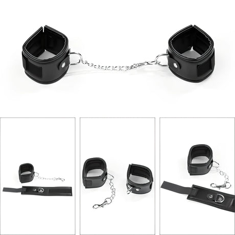 Комплект Deluxe Bondage Kit Black III на Lovetoy: две черни меки маншети със сребристи халки, свързани с метална верижка, и три малки кадъра с детайли