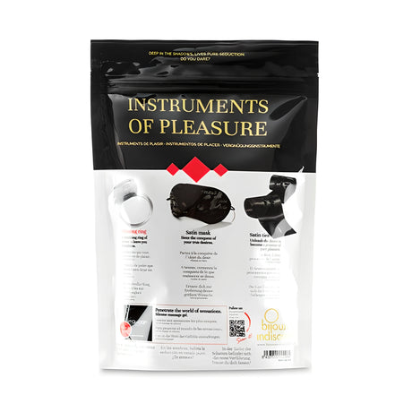 Гръб на опаковката на комплект Instruments of Pleasure на Bijoux Indiscrets с описания на пръстен, сатенена маска и сатенени връзки