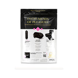 Задната страна на опаковката на комплект Instruments of Pleasure на Bijoux Indiscrets с изображения на вибриращ куршум, сатенена маска за очи и сатенена лента