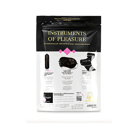 Задната страна на опаковката на комплект Instruments of Pleasure на Bijoux Indiscrets с изображения на вибриращ куршум, сатенена маска за очи и сатенена лента