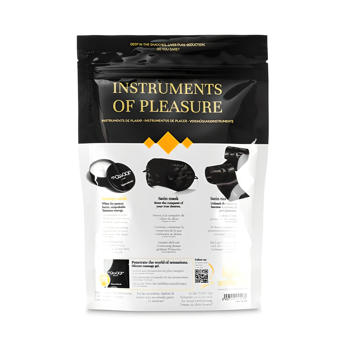 Гърбът на опаковката на комплект Instruments of Pleasure с черна горна част и описания на масажна свещ, сатенена маска и сатенени ленти