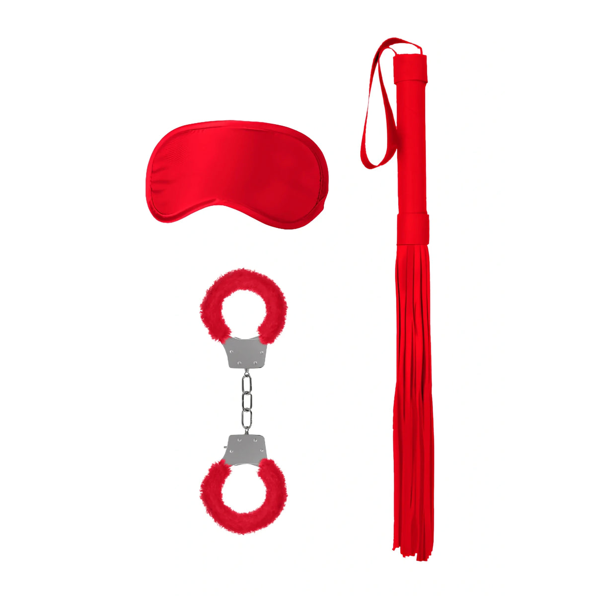 Червен комплект Ouch! Introductory Bondage Kit No 1: маска за очи, пухкави белезници с метална верижка и плетен камшик с ресни