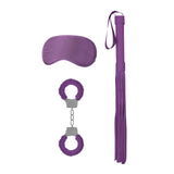 Комплект Introductory Bondage Kit No 1 на Ouch! в лилаво: маска за очи, пухкави белезници с метални части и камшик с ресни