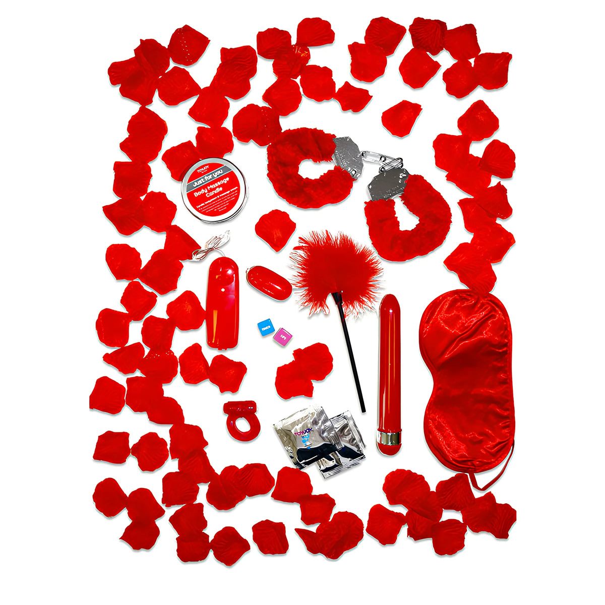 Комплект Red Romance Gift Set на ToyJoy: червени белезници с пух, маска за очи, перце, вибратор, свещ за масаж и розови листенца