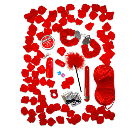 Комплект Red Romance Gift Set на ToyJoy: червени белезници с пух, маска за очи, перце, вибратор, свещ за масаж и розови листенца