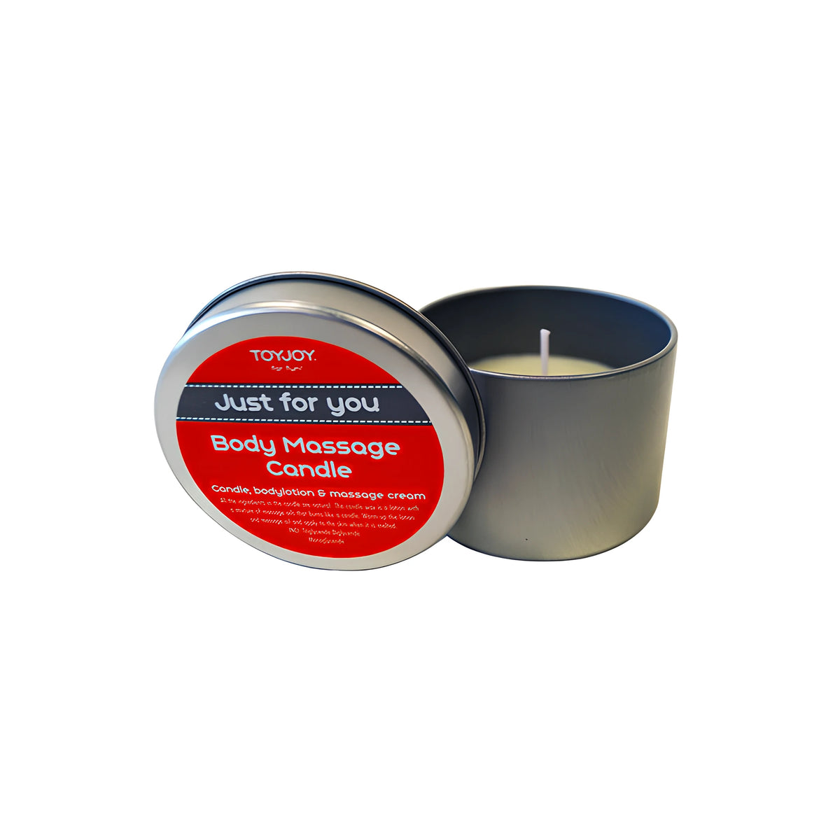 Масажна свещ ToyJoy „Just for you“ в сива метална кутия с отворен капак с червен етикет „Body Massage Candle“