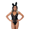 Модел в черен прозрачен боди комплект Tuxedo Bunny на Daring Intimates със заешки уши, папийонка и бели копченца, изглед отпред