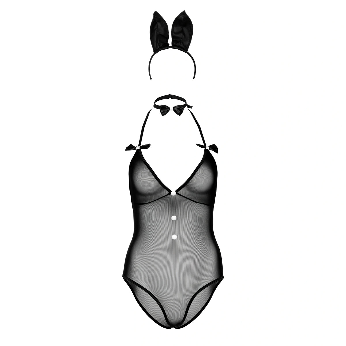 Комплект Tuxedo Bunny на Daring Intimates: черно прозрачно боди с бели копчета, жълто-черна папийонка на врата и диадема със заешки уши