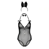 Комплект Tuxedo Bunny на Daring Intimates: черно прозрачно боди с бели копчета, жълто-черна папийонка на врата и диадема със заешки уши